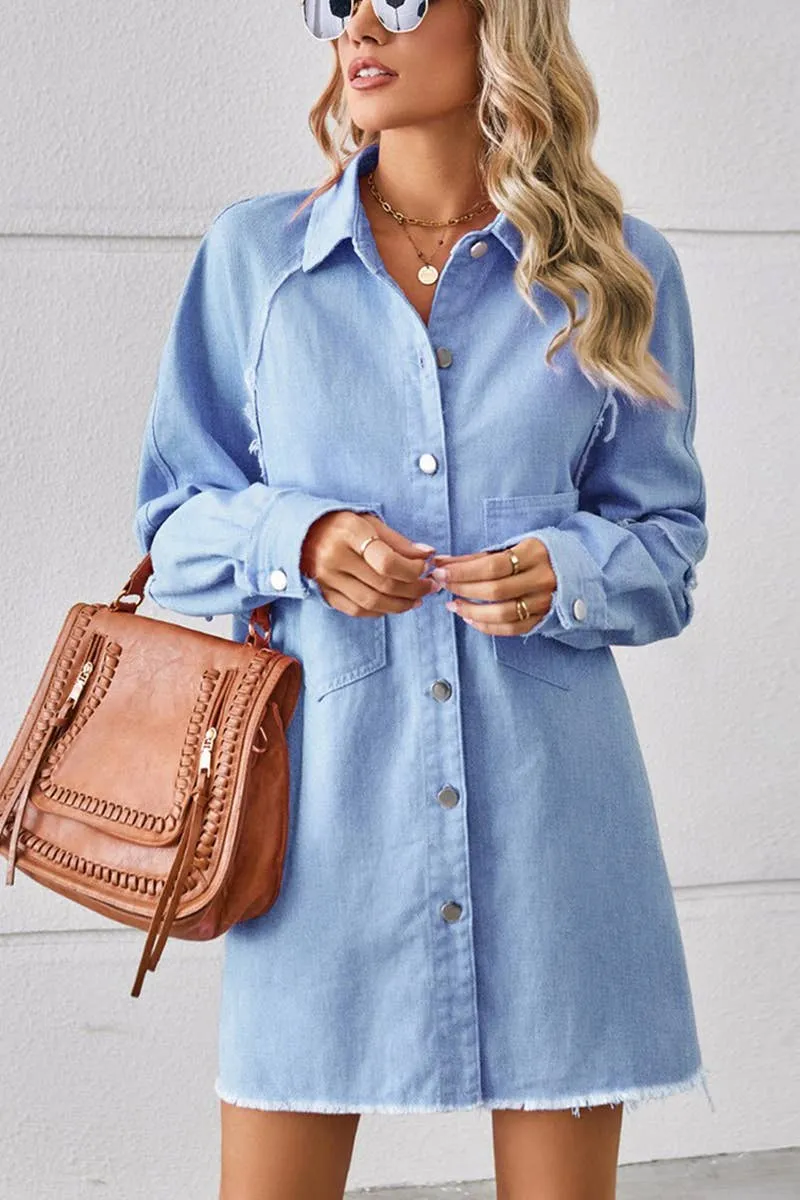 City Style Best-Seller 2024 RAW EDGE CARDIGAN DENIM PATCHWORK SHIRT DRESS_CWDSD2577