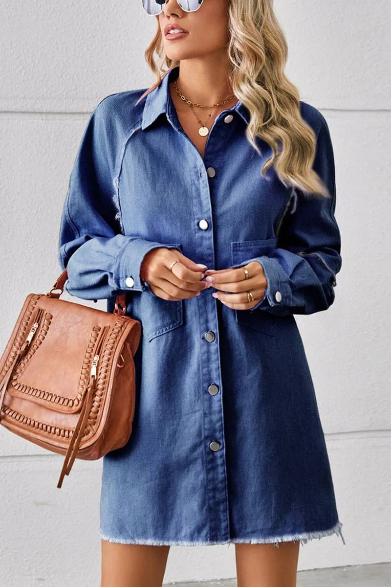 2024 RAW EDGE CARDIGAN DENIM PATCHWORK SHIRT DRESS_CWDSD2577 Low Maintenance summer breeze