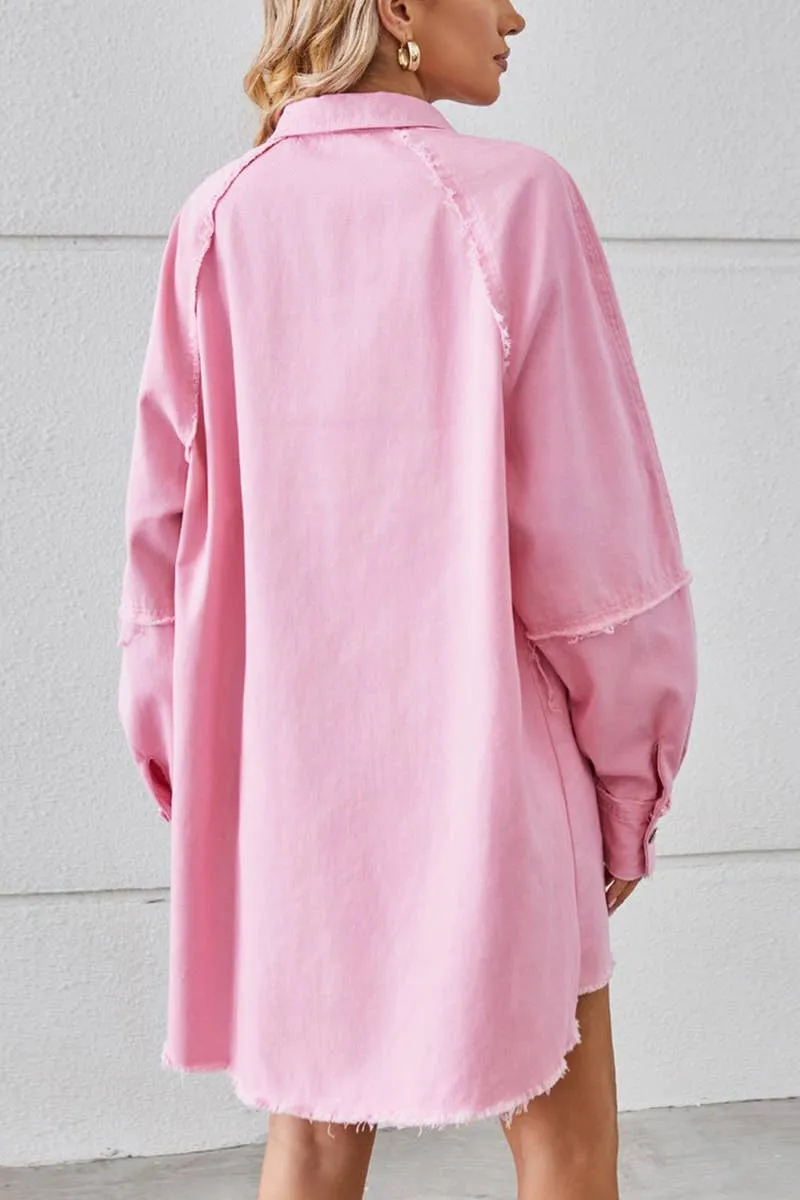 2024 RAW EDGE CARDIGAN DENIM PATCHWORK SHIRT DRESS_CWDSD2577 Midnight Mood