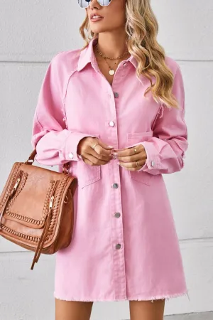 2024 RAW EDGE CARDIGAN DENIM PATCHWORK SHIRT DRESS_CWDSD2577 High Neck