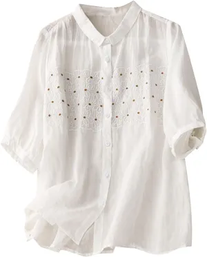 2025 Cotton Linen Tee Embroidery Tops Casual Lapel V-Neck 3/4 Sleeve Shirts Women Vintage Boho Loose Comfy Tunic Top