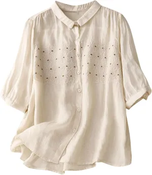 2025 Cotton Linen Tee Embroidery Tops Casual Lapel V-Neck 3/4 Sleeve Shirts Women Vintage Boho Loose Comfy Tunic Top