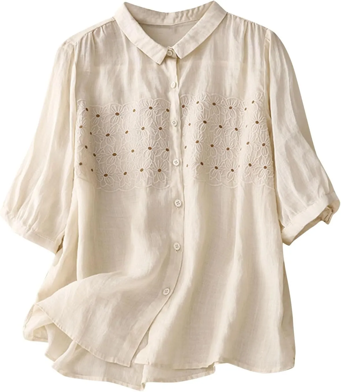 2025 Cotton Linen Tee Embroidery Tops Casual Lapel V-Neck 3/4 Sleeve Shirts Women Vintage Boho Loose Comfy Tunic Top