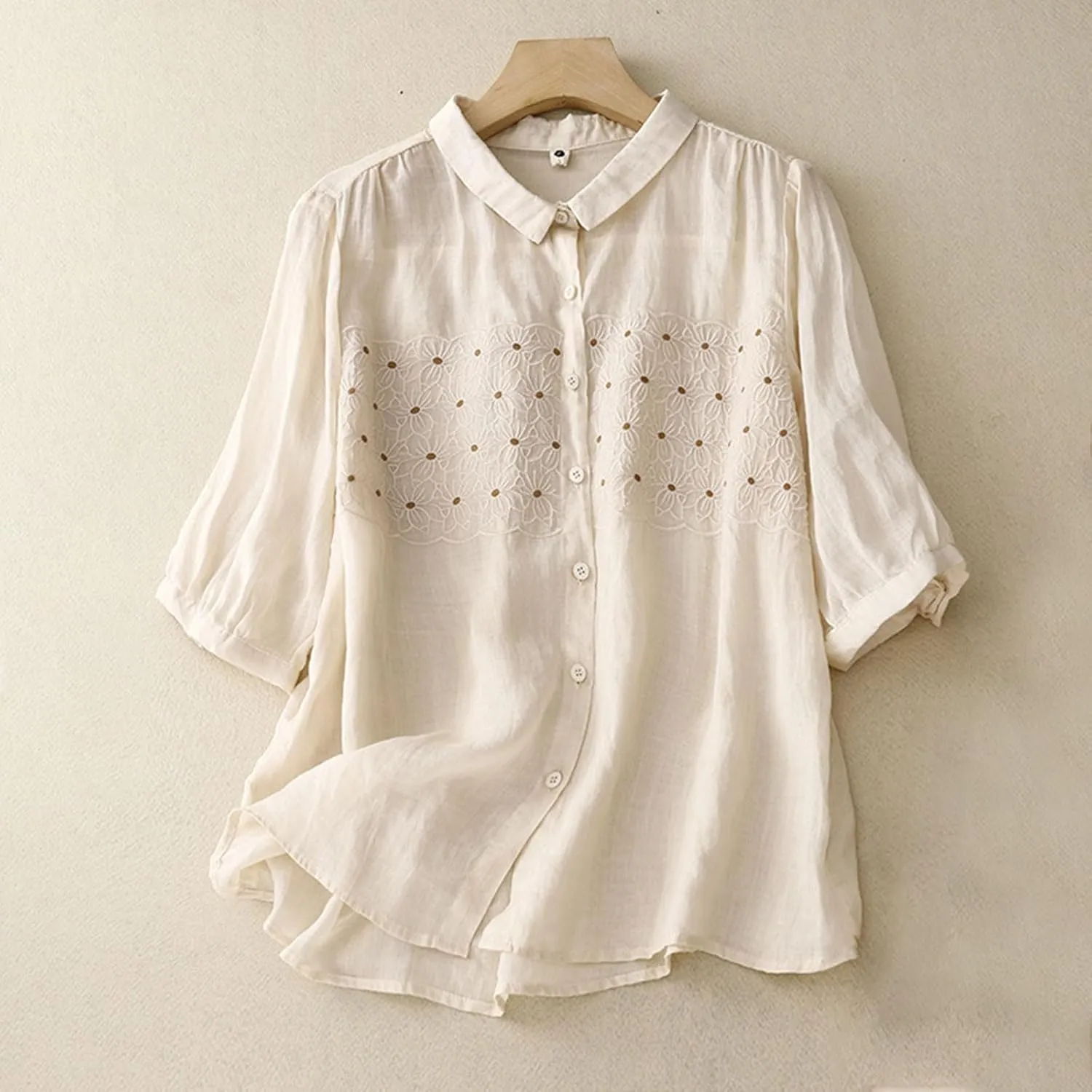 2025 Cotton Linen Tee Embroidery Tops Casual Lapel V-Neck 3/4 Sleeve Shirts Women Vintage Boho Loose Comfy Tunic Top
