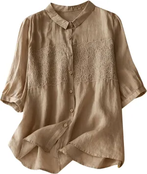 2025 Cotton Linen Tee Embroidery Tops Casual Lapel V-Neck 3/4 Sleeve Shirts Women Vintage Boho Loose Comfy Tunic Top