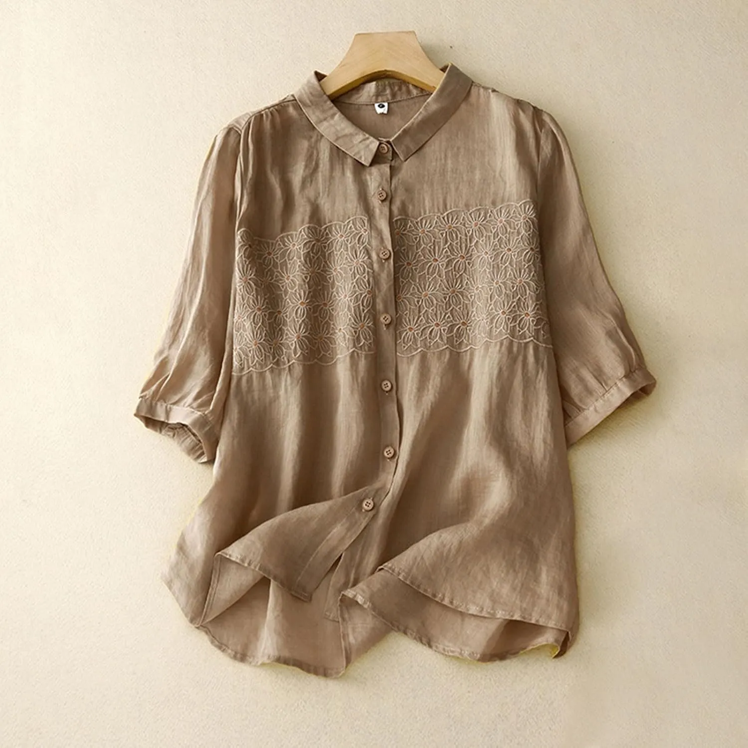 2025 Cotton Linen Tee Embroidery Tops Casual Lapel V-Neck 3/4 Sleeve Shirts Women Vintage Boho Loose Comfy Tunic Top