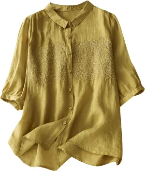 2025 Cotton Linen Tee Embroidery Tops Casual Lapel V-Neck 3/4 Sleeve Shirts Women Vintage Boho Loose Comfy Tunic Top
