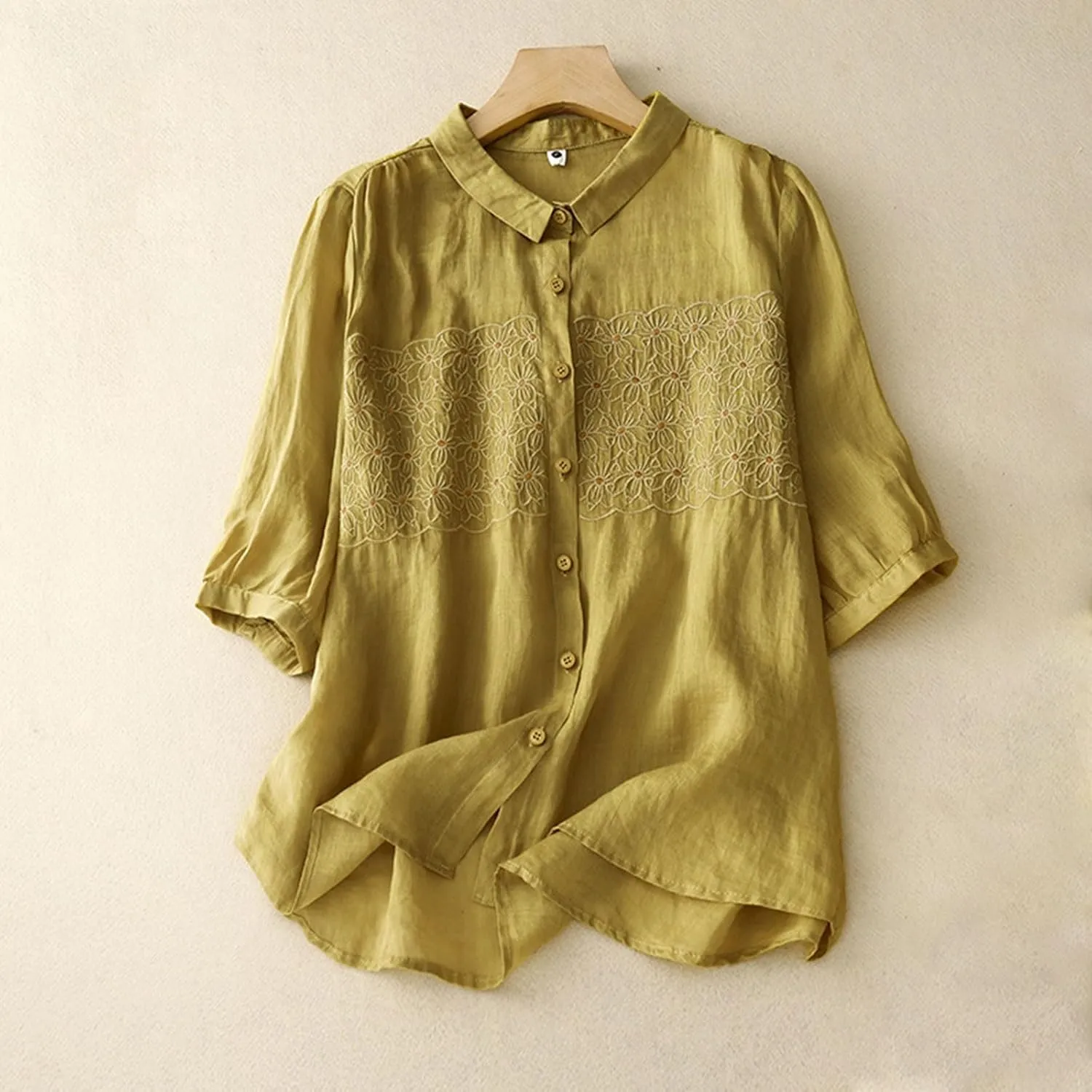 2025 Cotton Linen Tee Embroidery Tops Casual Lapel V-Neck 3/4 Sleeve Shirts Women Vintage Boho Loose Comfy Tunic Top