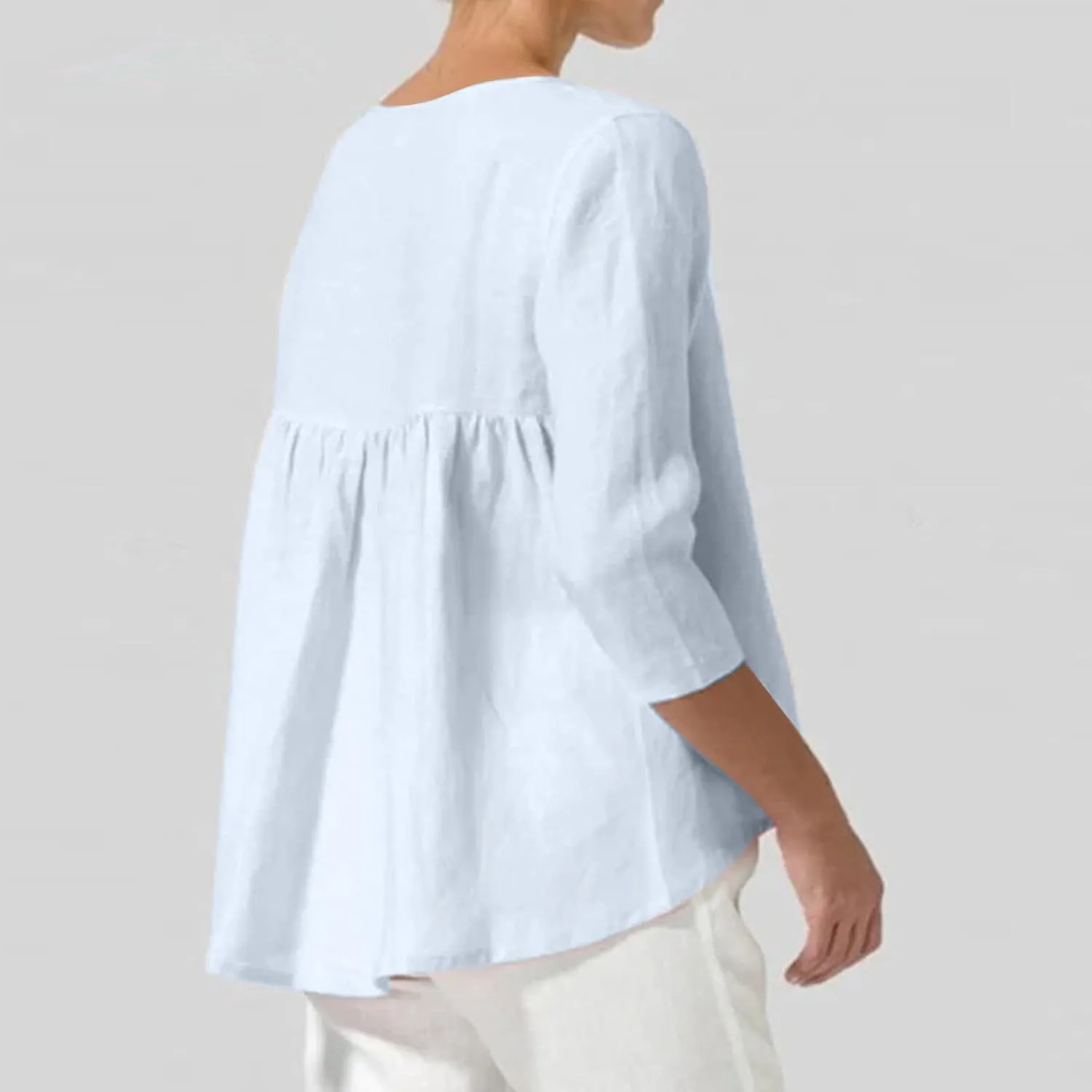 2025 Plus Size Linen Tops Peasant Shirts Women 3/4 Sleeve Dressy Tees Summer Crew Neck Loose Fit Flowy Tunics
