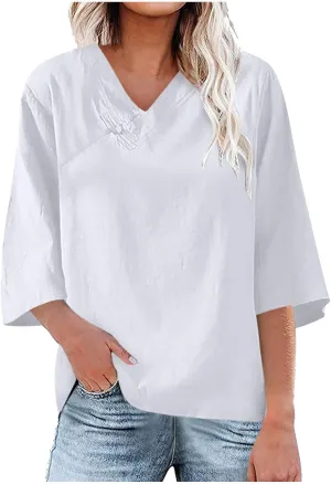 2025 Spring Summer Cotton Linen Shirts V-Neck Short Sleeve Tops Dressy Casual Plain Blouse Loose Comfy Tees Tunics