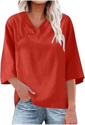 2025 Spring Summer Cotton Linen Shirts V-Neck Short Sleeve Tops Dressy Casual Plain Blouse Loose Comfy Tees Tunics