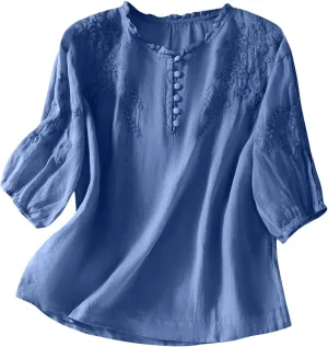 2025 Women's Cotton Linen Button Short Sleeve Shirts Summer Crew Neck Casual Boho Top Vintage Embroidered Blouse Tops