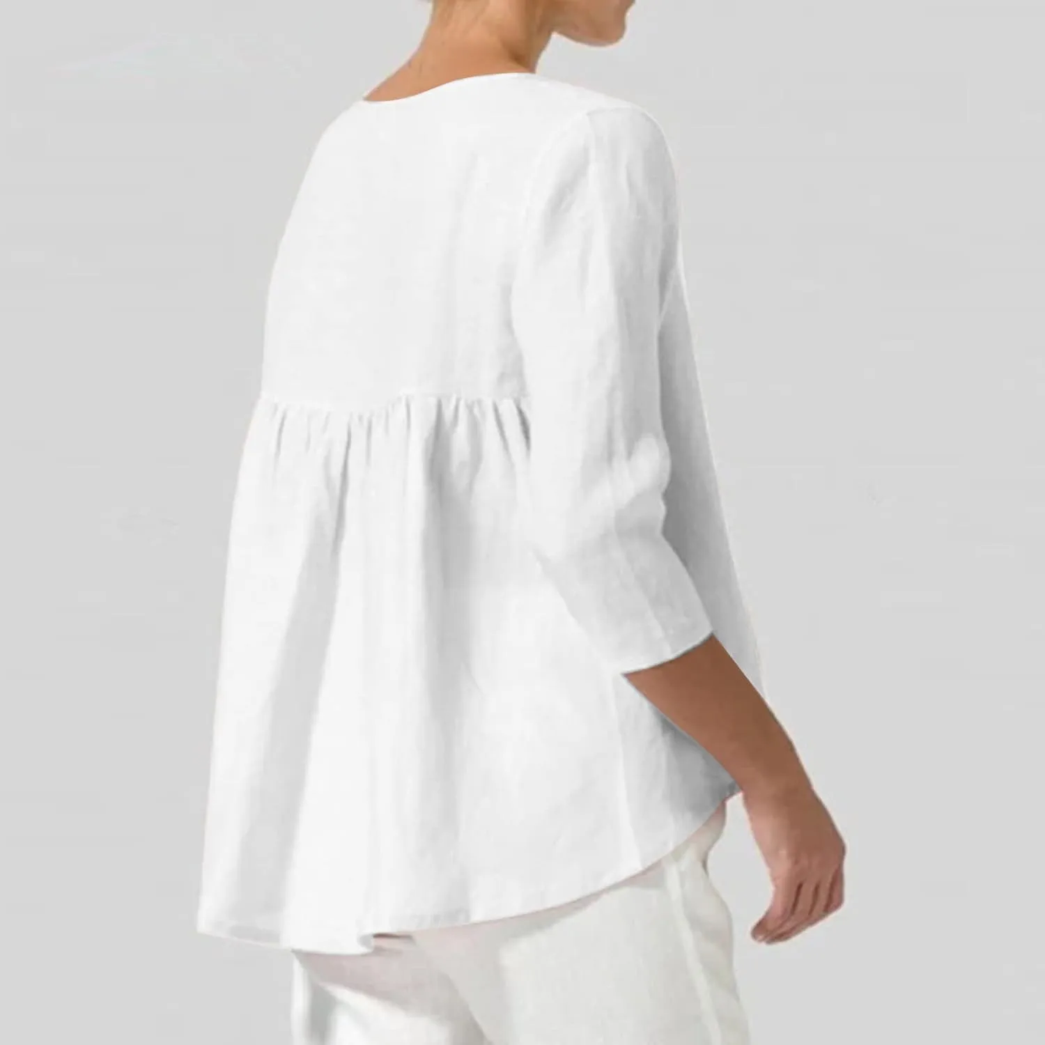 2025 Womens Linen 3/4 Sleeve Blouse Crew Neck Summer Casual Tops Loose Fit Flowy Tunics Tees Dressy Peasant Shirts