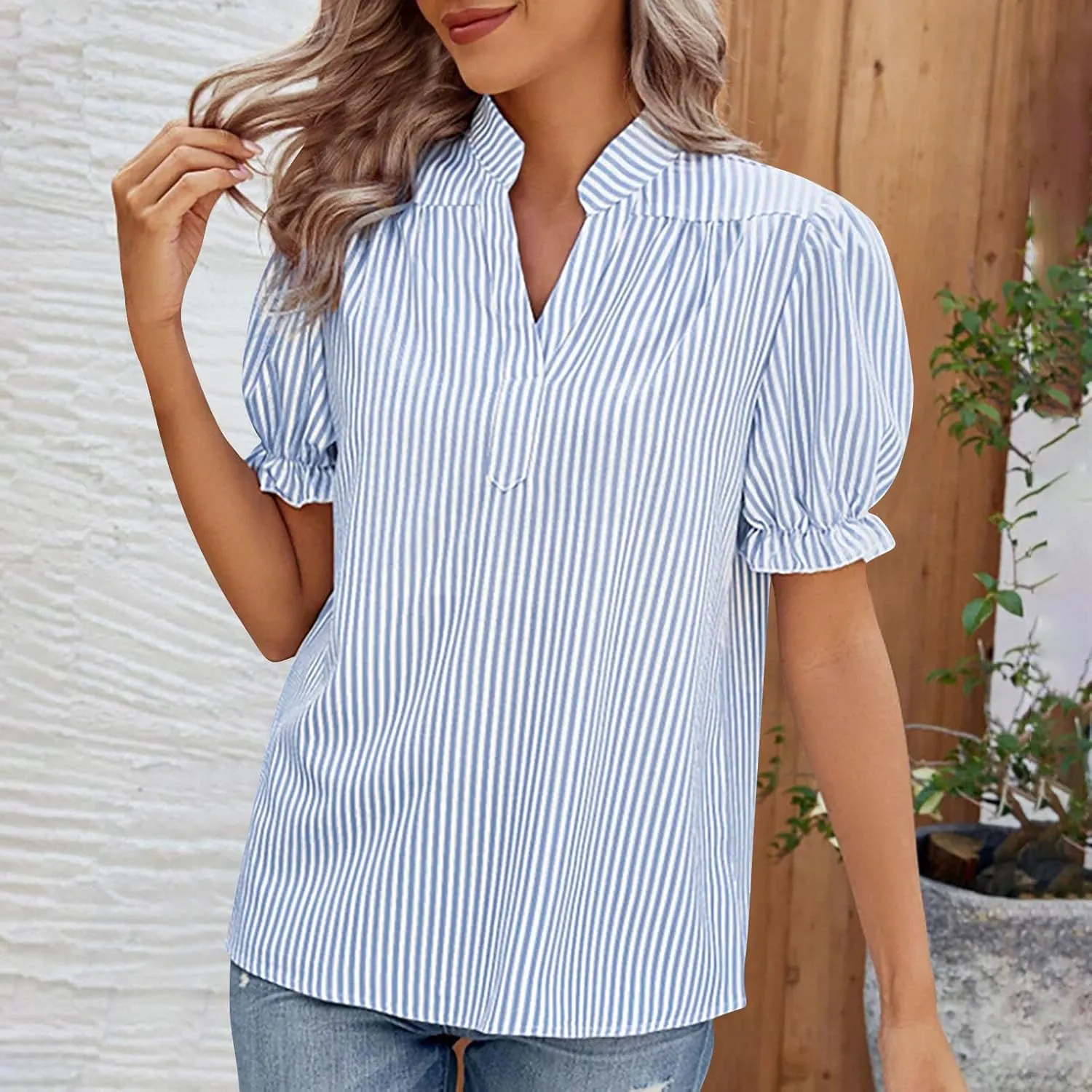 2025 Womens Striped Shirt Business Casual Button Down Work Blouses Puff Sleeve Summer Tops V Neck Tees Shirts