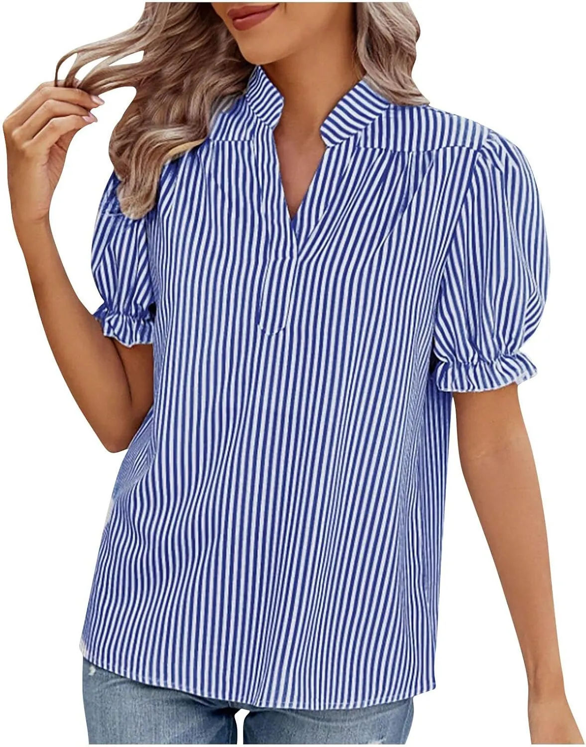 2025 Womens Striped Shirt Business Casual Button Down Work Blouses Puff Sleeve Summer Tops V Neck Tees Shirts