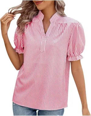2025 Womens Striped Shirt Business Casual Button Down Work Blouses Puff Sleeve Summer Tops V Neck Tees Shirts