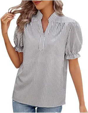 2025 Womens Striped Shirt Business Casual Button Down Work Blouses Puff Sleeve Summer Tops V Neck Tees Shirts