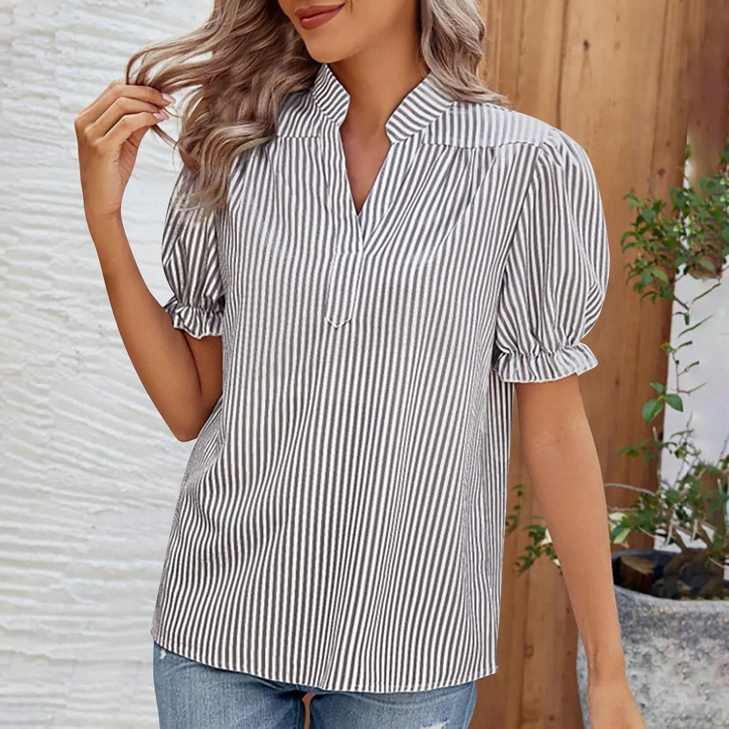 2025 Womens Striped Shirt Business Casual Button Down Work Blouses Puff Sleeve Summer Tops V Neck Tees Shirts