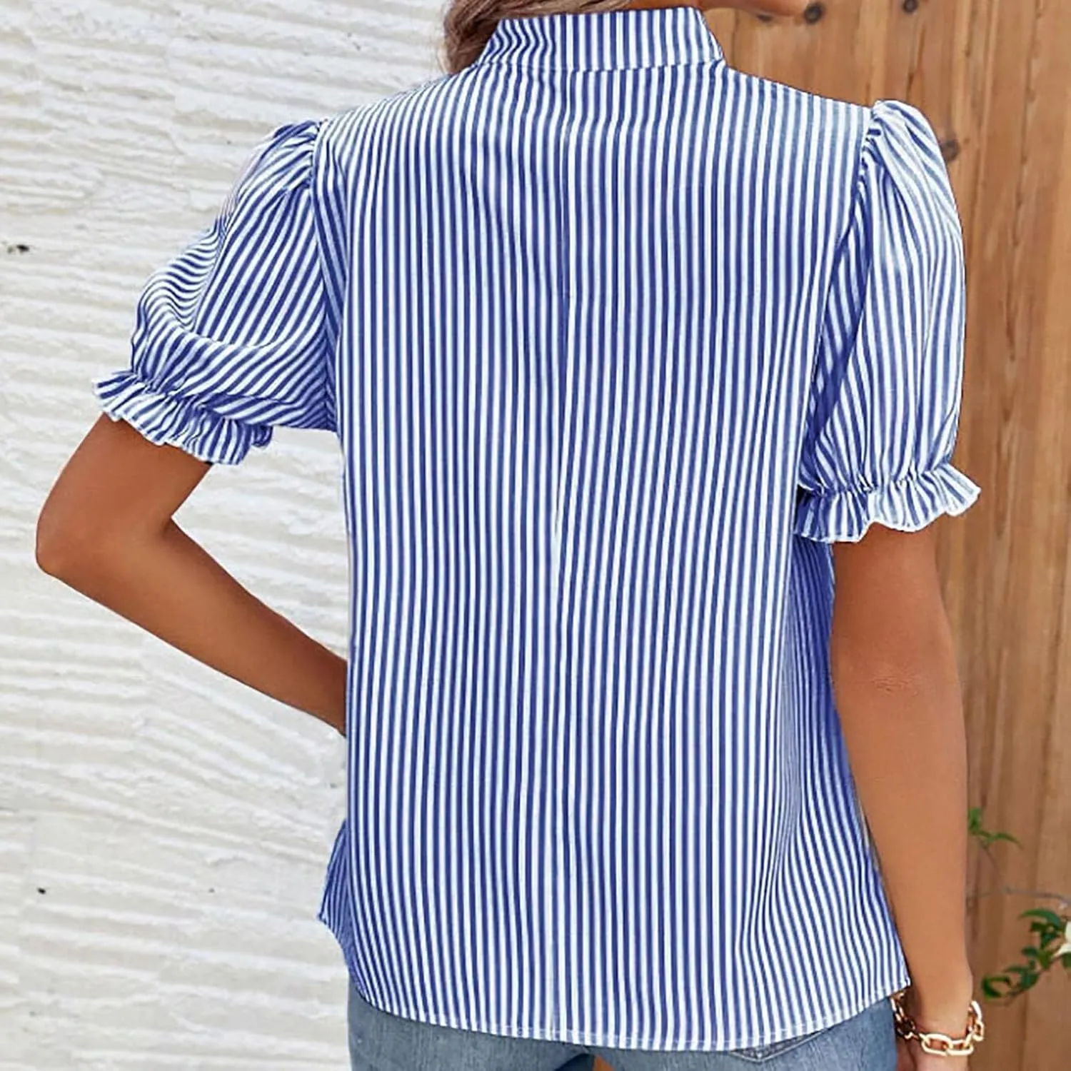 2025 Womens Striped Shirt Business Casual Button Down Work Blouses Puff Sleeve Summer Tops V Neck Tees Shirts