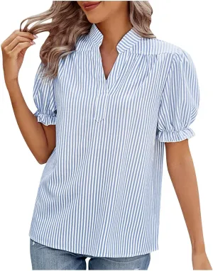 2025 Womens Striped Shirt Business Casual Button Down Work Blouses Puff Sleeve Summer Tops V Neck Tees Shirts