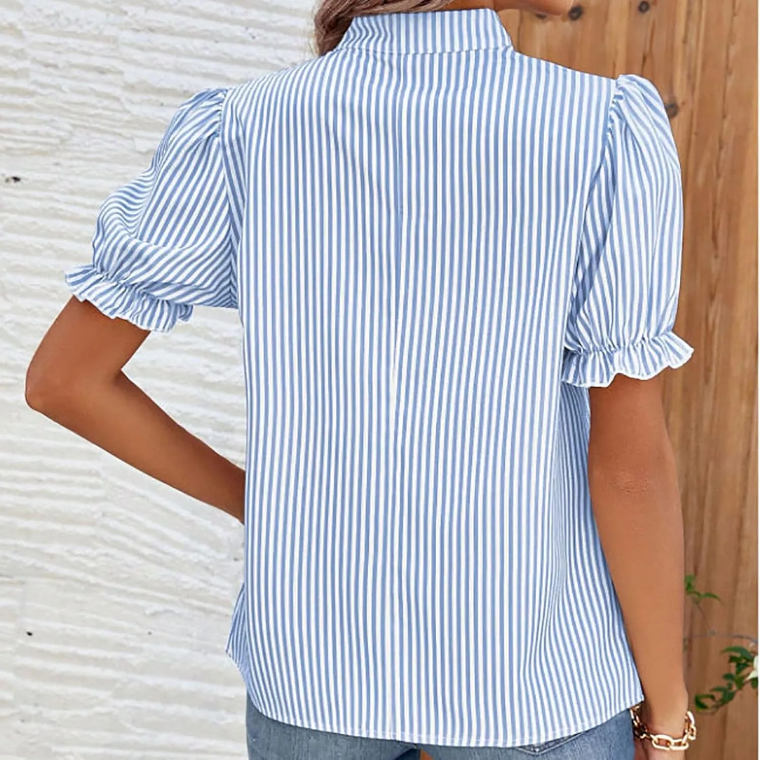 2025 Womens Striped Shirt Business Casual Button Down Work Blouses Puff Sleeve Summer Tops V Neck Tees Shirts