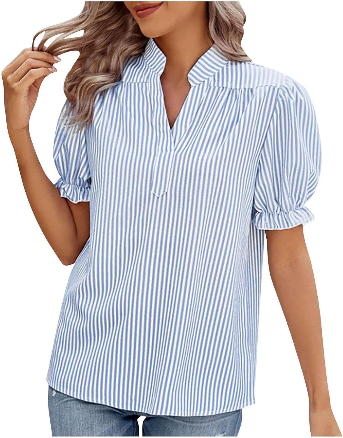 2025 Womens Striped Shirt Business Casual Button Down Work Blouses Puff Sleeve Summer Tops V Neck Tees Shirts