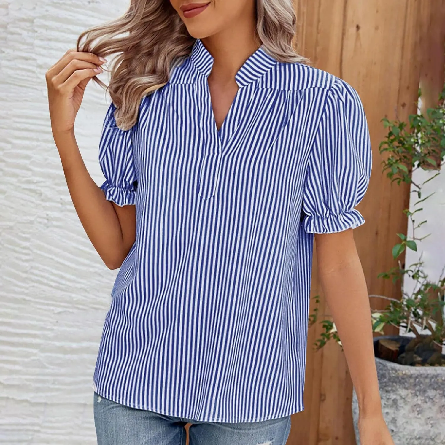 2025 Womens Striped Shirt Business Casual Button Down Work Blouses Puff Sleeve Summer Tops V Neck Tees Shirts