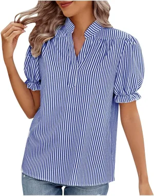 2025 Womens Striped Shirt Business Casual Button Down Work Blouses Puff Sleeve Summer Tops V Neck Tees Shirts