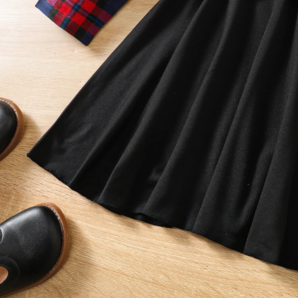 2pcs Toddler Girl Plaid Knot Hem Long-sleeve Shirt and Solid Skirt Set