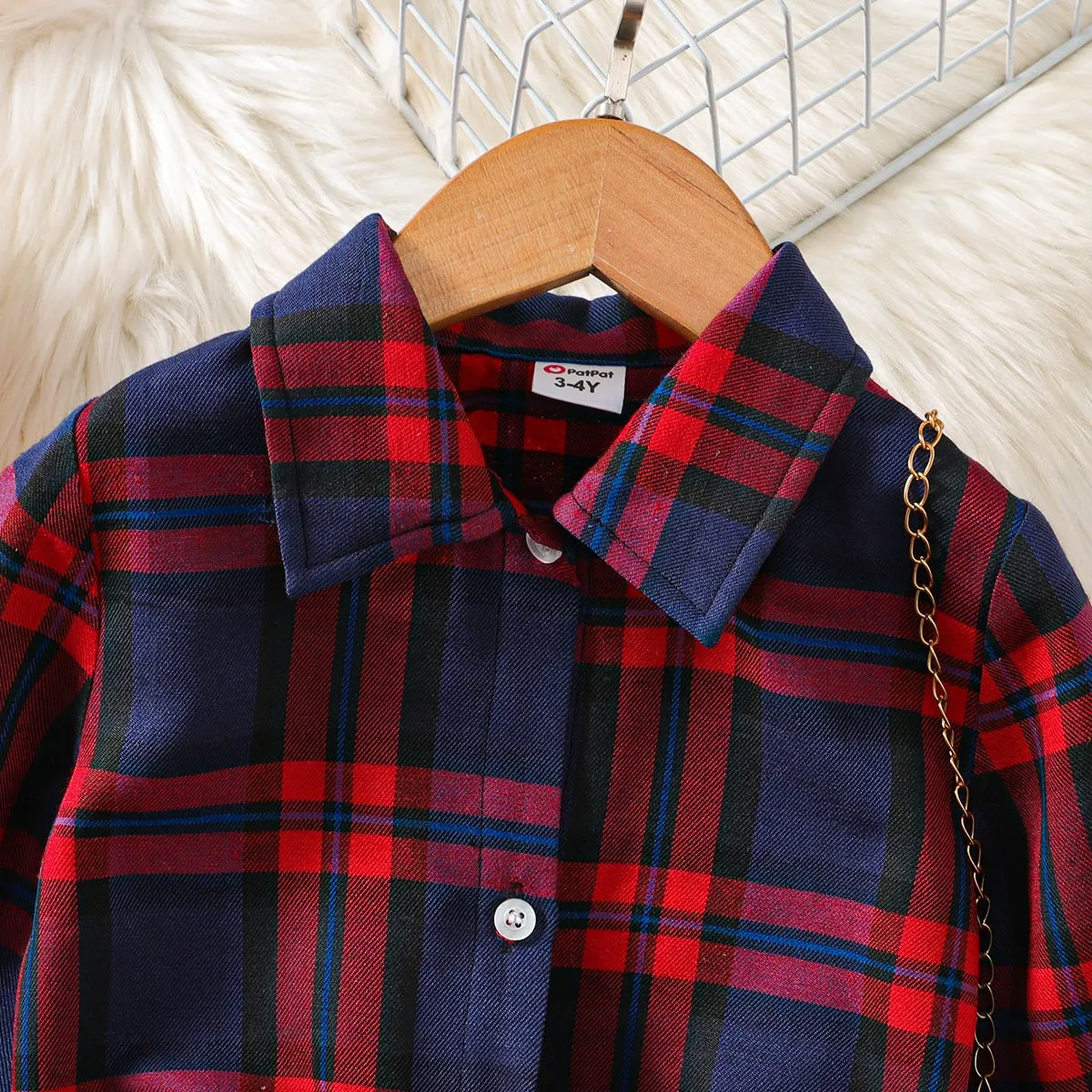 2pcs Toddler Girl Plaid Knot Hem Long-sleeve Shirt and Solid Skirt Set