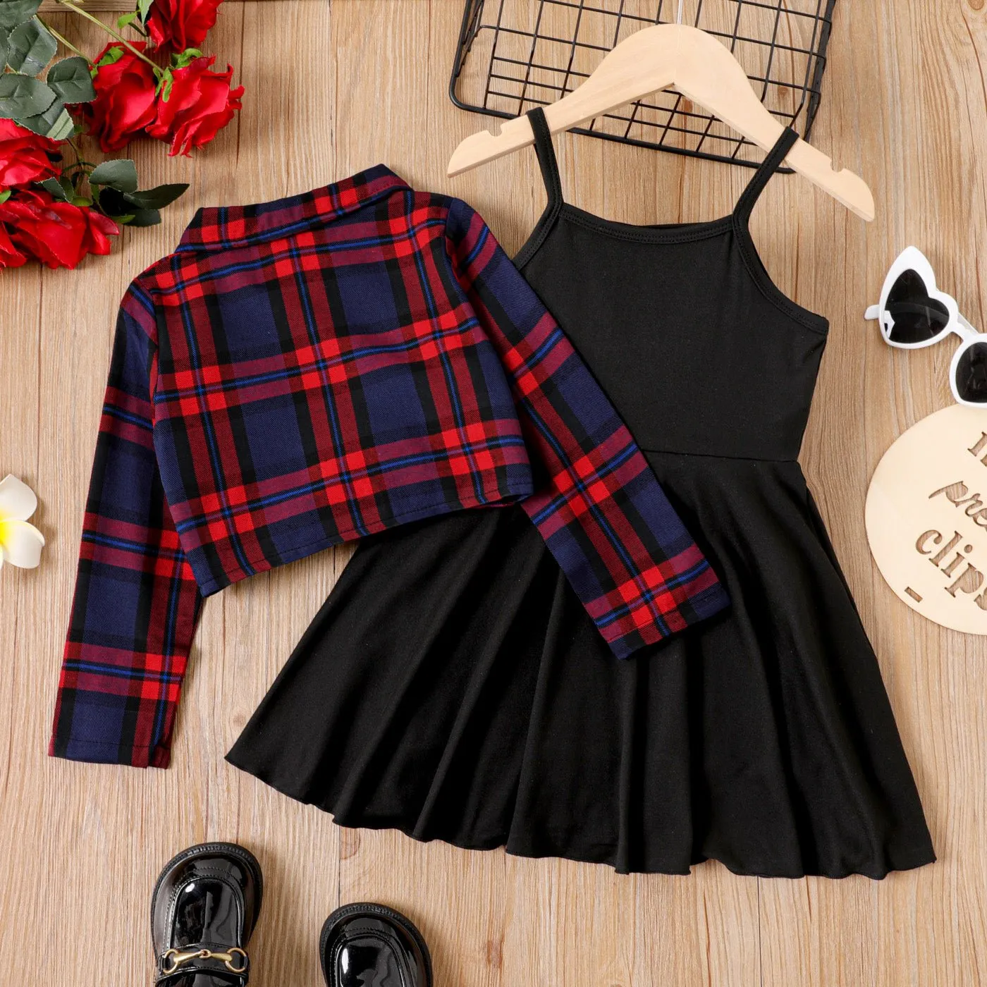 2pcs Toddler Girl Plaid Knot Hem Long-sleeve Shirt and Solid Skirt Set