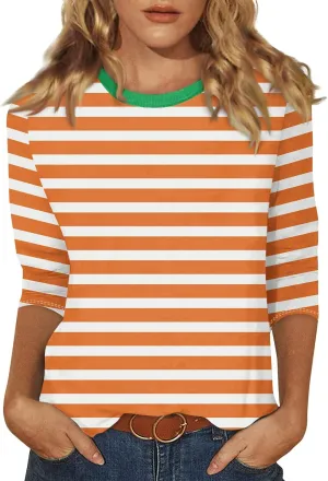 3/4 Length Sleeve Womens Tops Plus Size,Basic Elbow Sleeve Workout Top Striped Shirt Crew Neck 3 Quarter Sleeve Tees