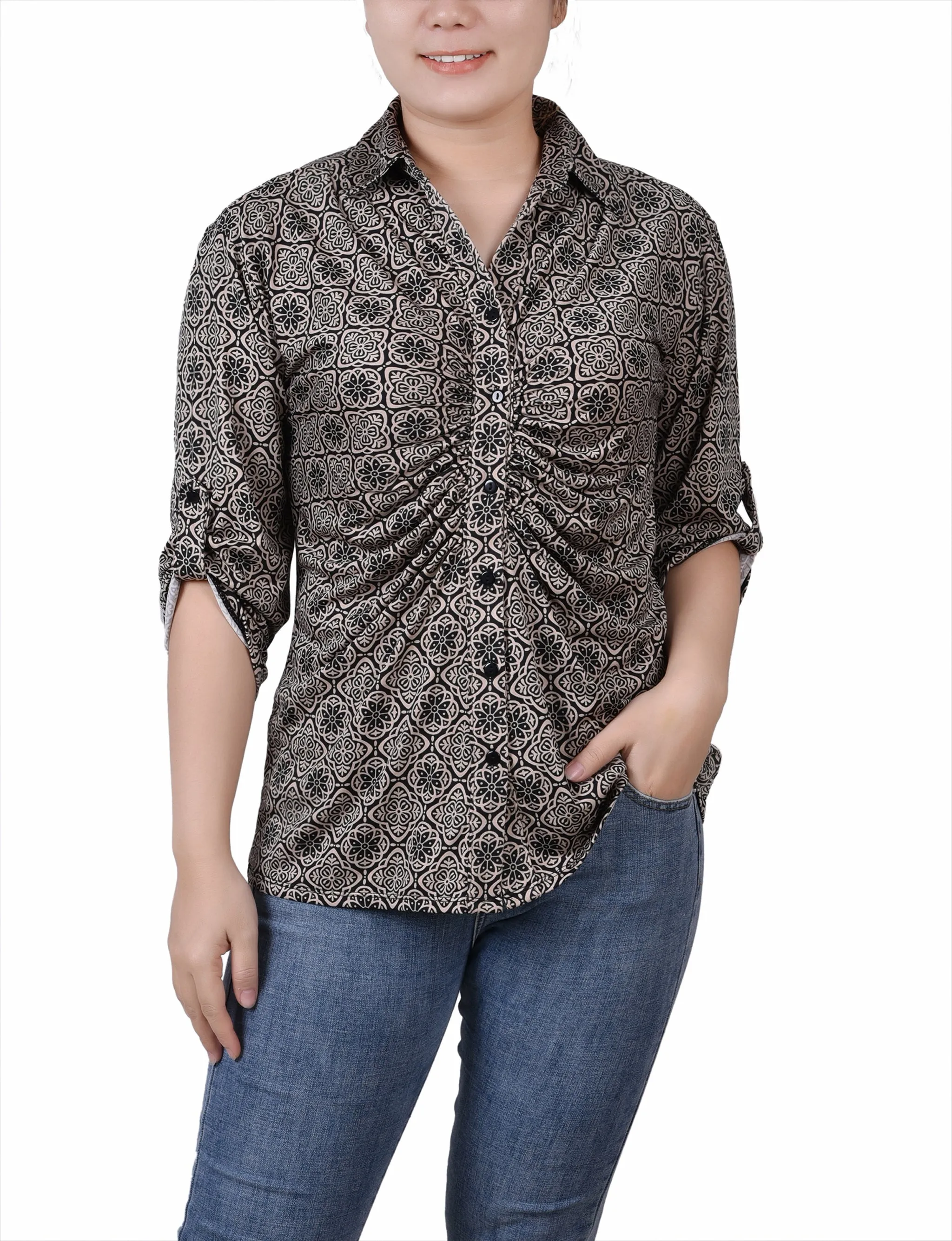 Resilient Elasticity 3/4 Roll Tab Rouched-Front Top