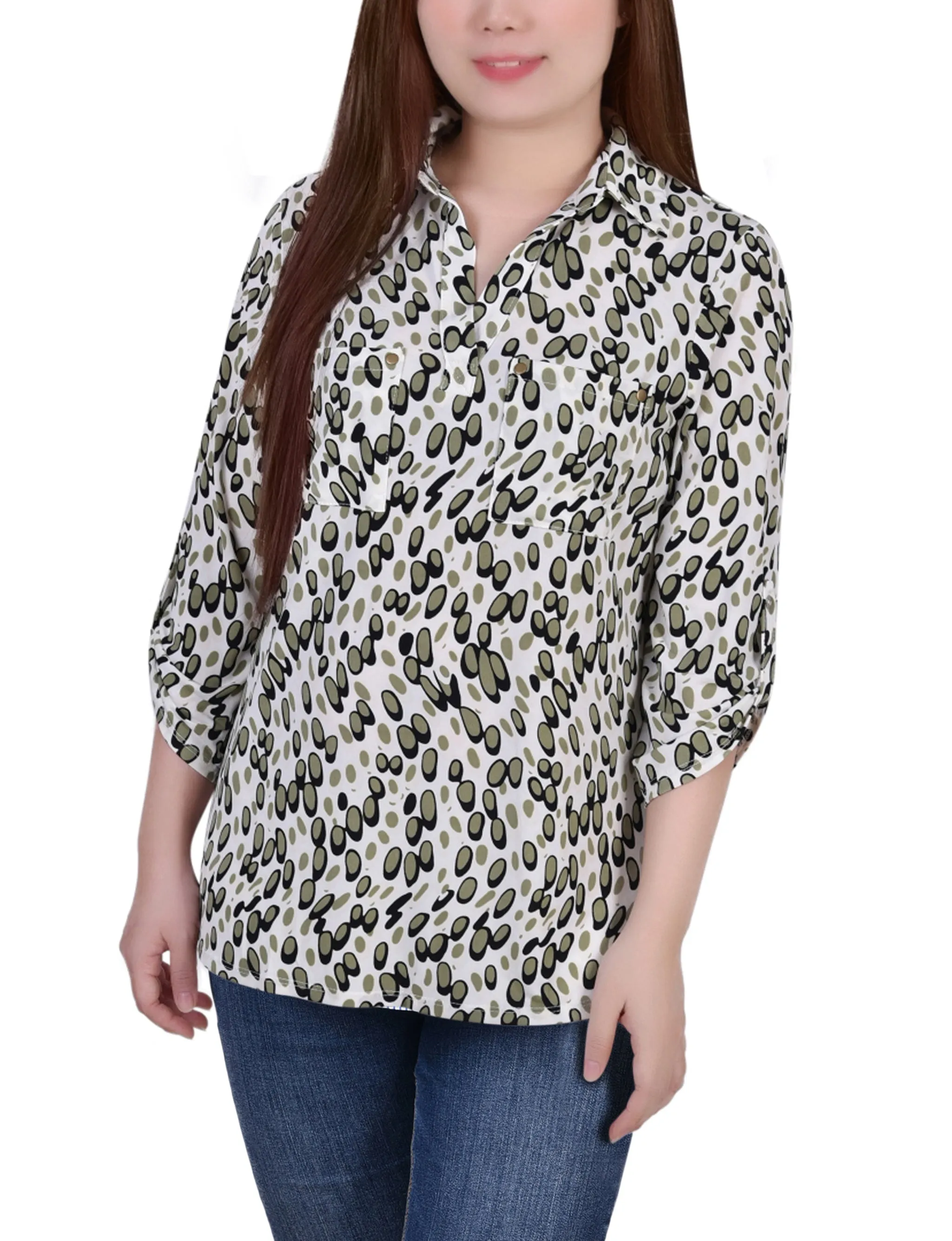 Water Repellent Finish 3/4 Roll Tab Sleeve Studded Y Neck Top