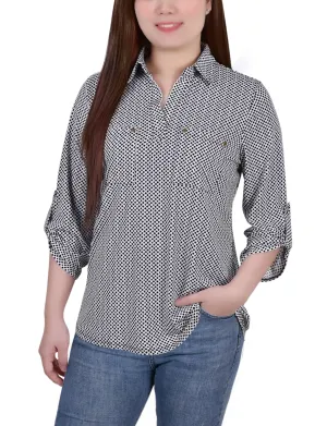 3/4 Roll Tab Sleeve Studded Y Neck Top Sustainable Production Methods
