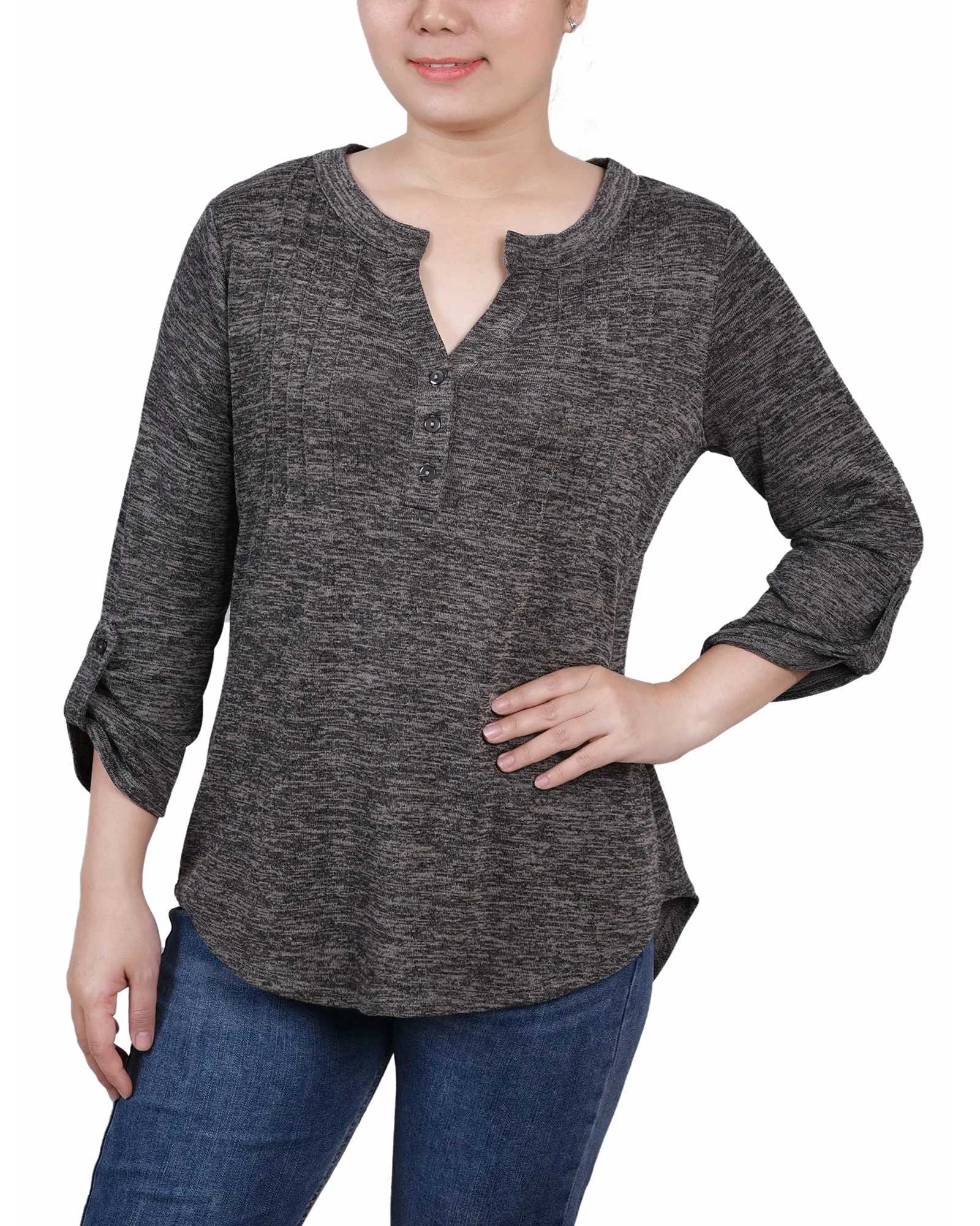 Pocket Reinforcement 3/4 Roll Tab Sleeve Y Neck Top