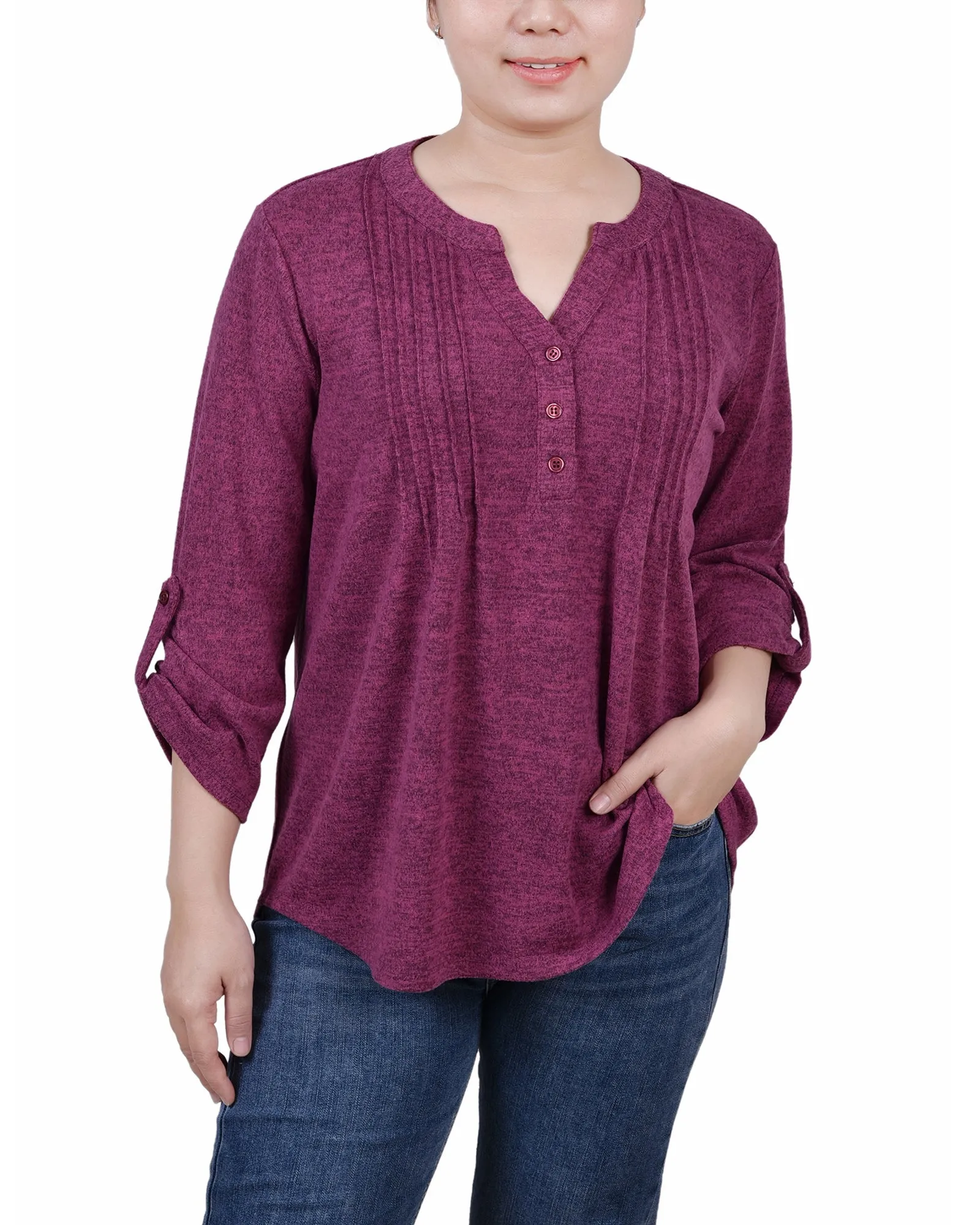 Airy Mesh Lining 3/4 Roll Tab Sleeve Y Neck Top