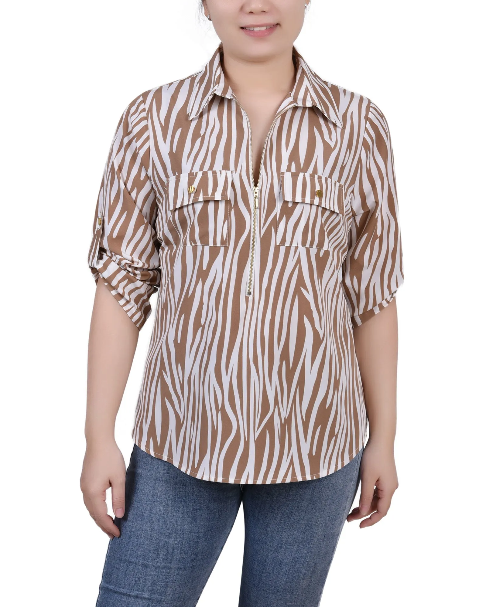 3/4 Roll Tab Sleeve Zip Front Top Easy Fit RelaxedNeckline