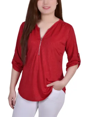 3/4 Roll Tab Zip Front Jacquard Knit Top Professional Cut