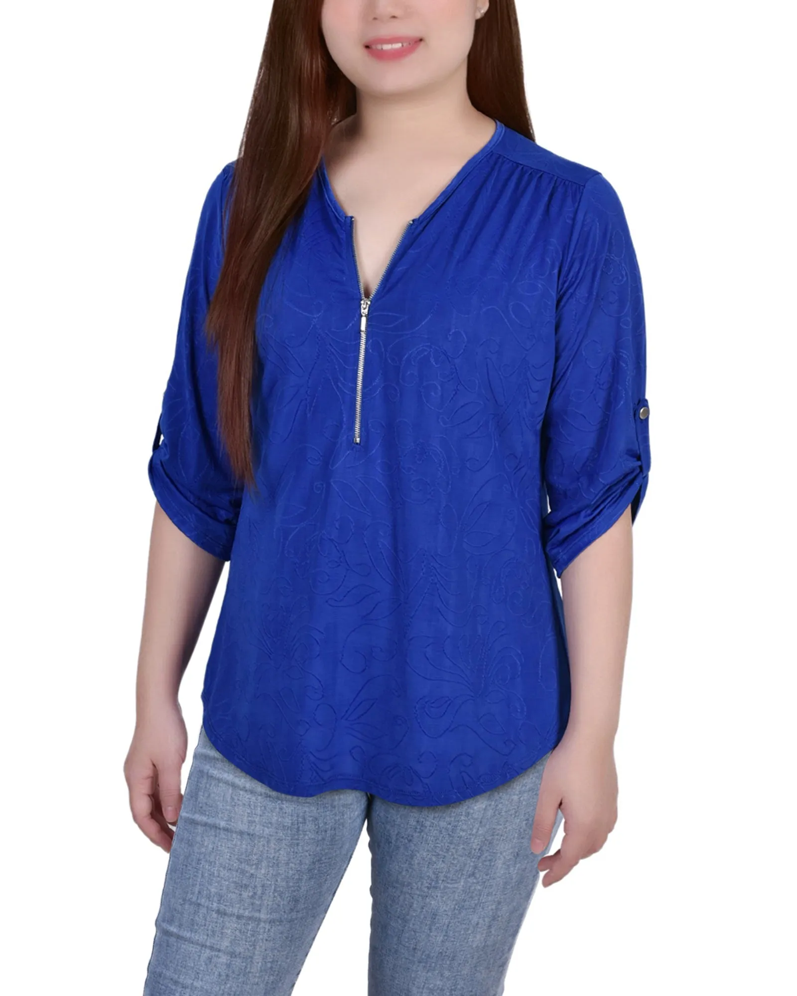 3/4 Roll Tab Zip Front Jacquard Knit Top UVProtective Coating