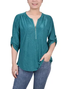 BlendMaterials 3/4 Roll Tab Zip Front Jacquard Knit Top