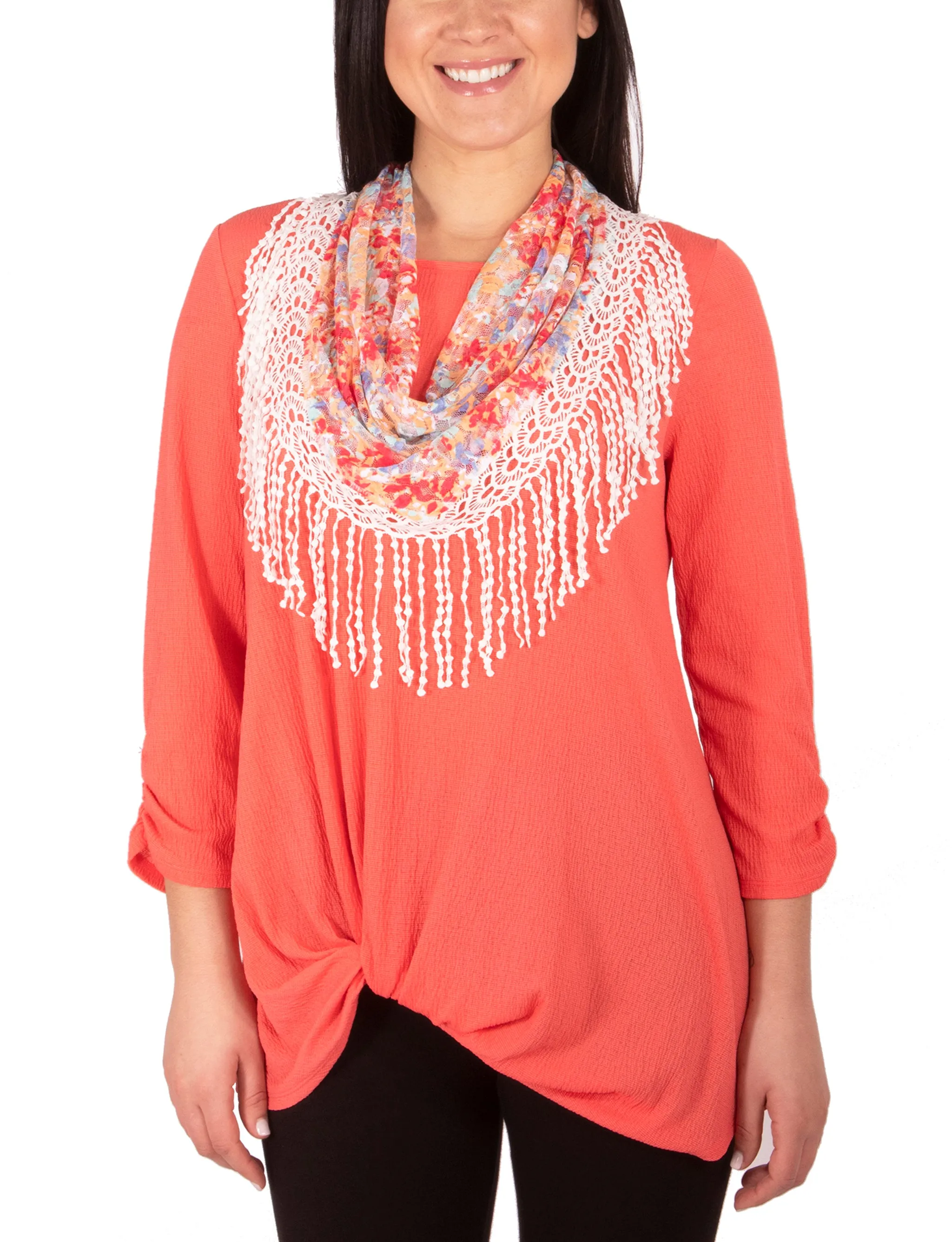 3/4 Ruched Sleeve Knot Top With Fringe Tassel Scarf NonIrritating Seams Relaxed Look