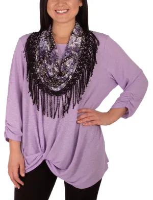 Lightweight Jacket Multi Panel Design 3/4 Ruched Sleeve Knot Top With Fringe Tassel Scarf