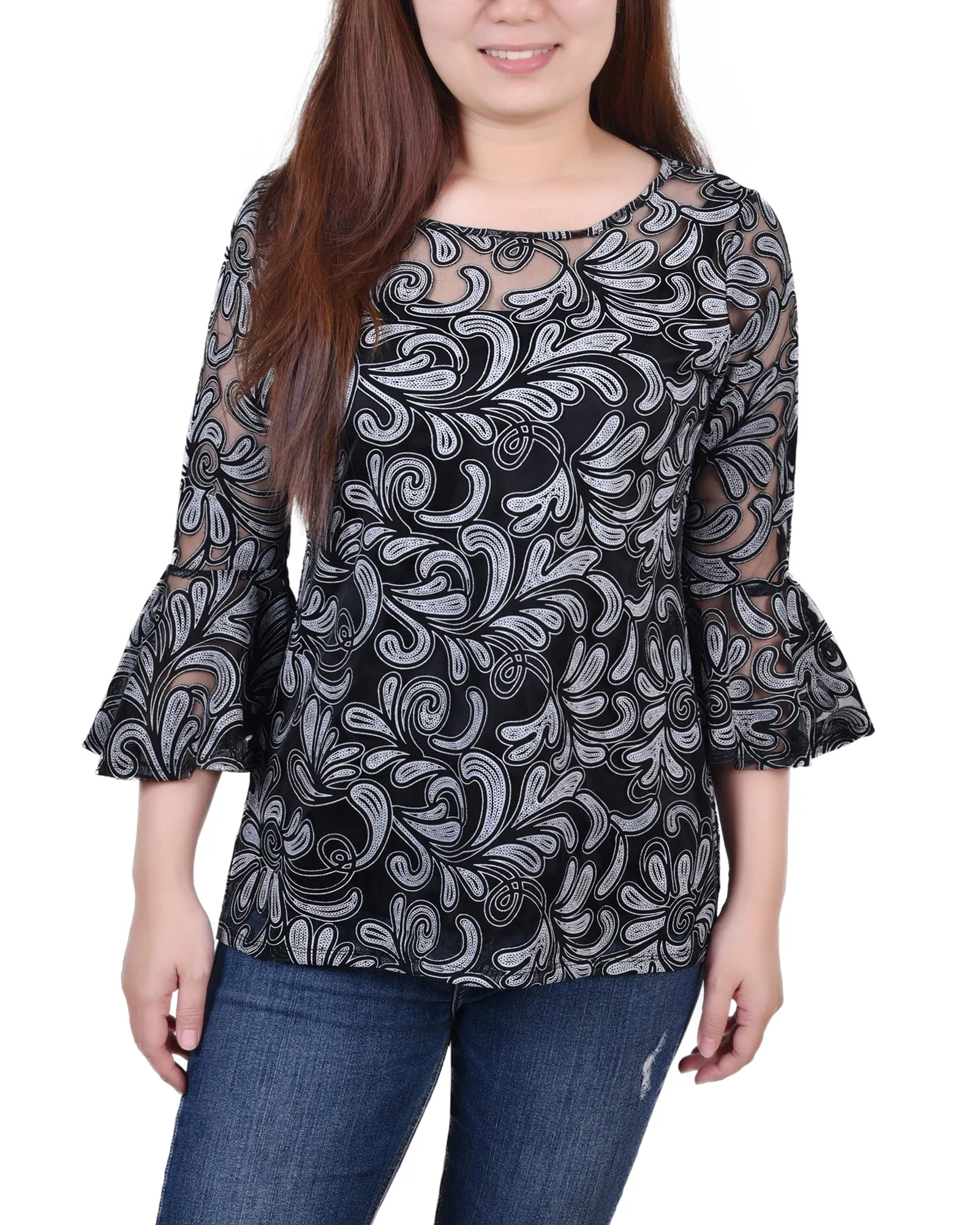 Timeless Cut 3/4 Sleeve Burnout Top With Matching Camisole