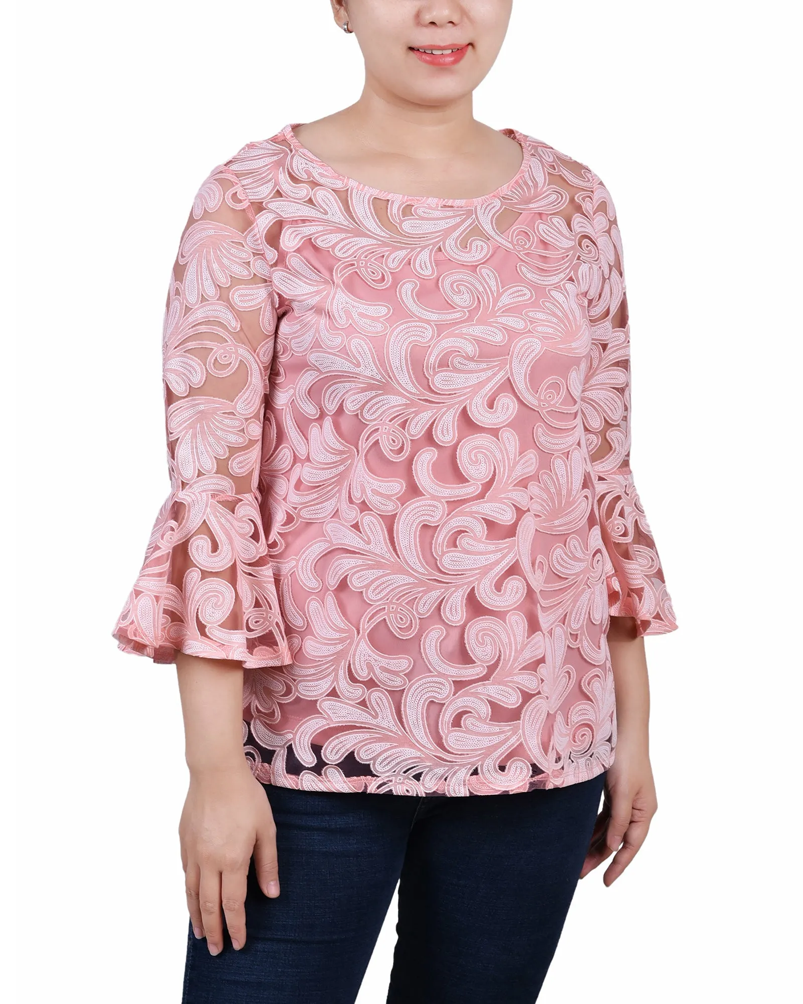 EcoFriendlyTexture FlatlockSeams 3/4 Sleeve Burnout Top With Matching Camisole