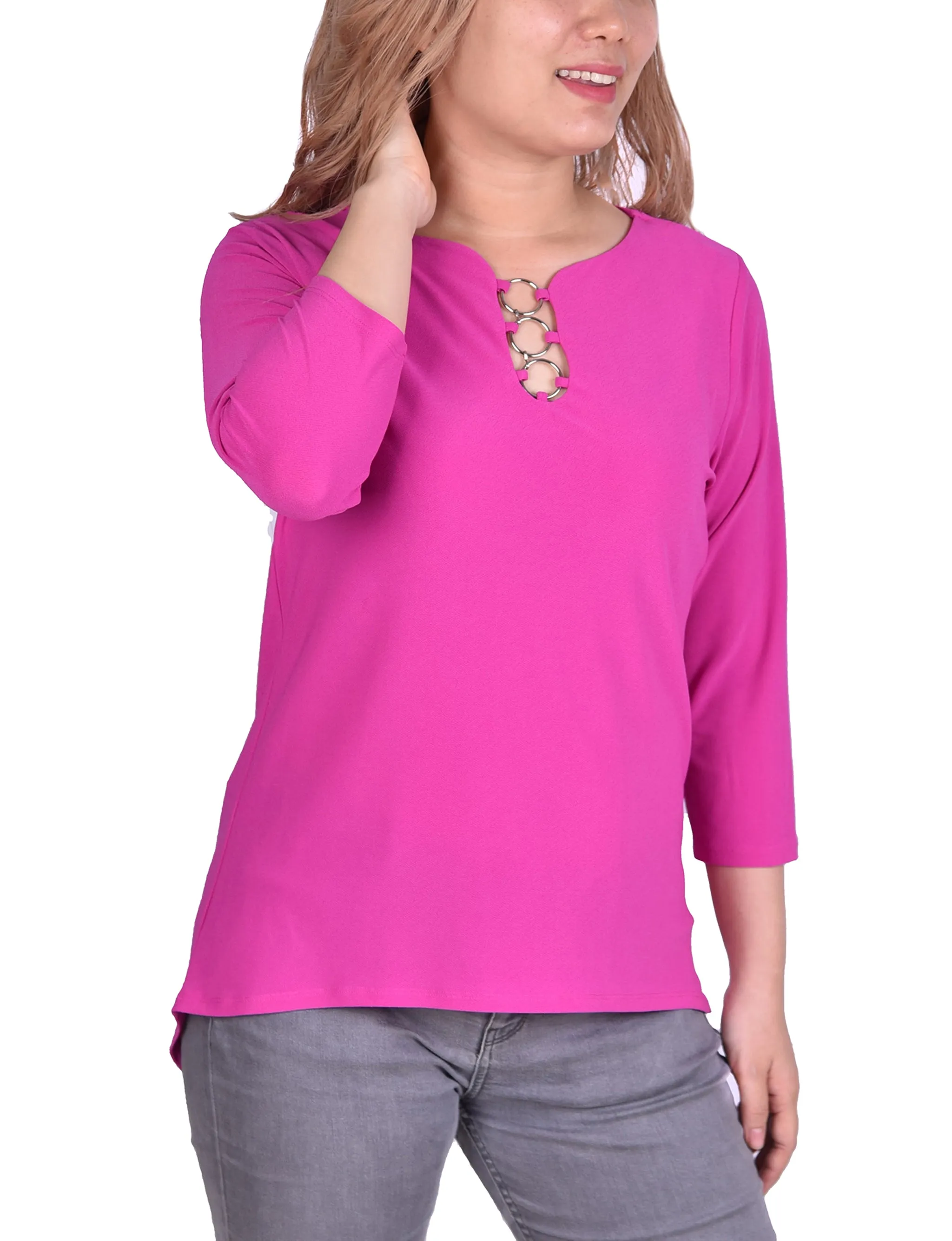 3/4 Sleeve Crepe Top With 3 Rings summer top