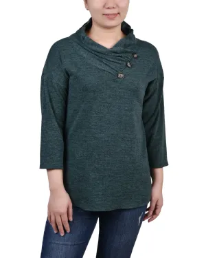 Layered Neckline Details Slim Fit Design 3/4 Sleeve Crossover Cowl Neck Top