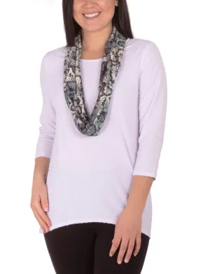 Layered Collar Structure Reinforced Stress Points 3/4 Sleeve Jewel Neck Top With Scarf