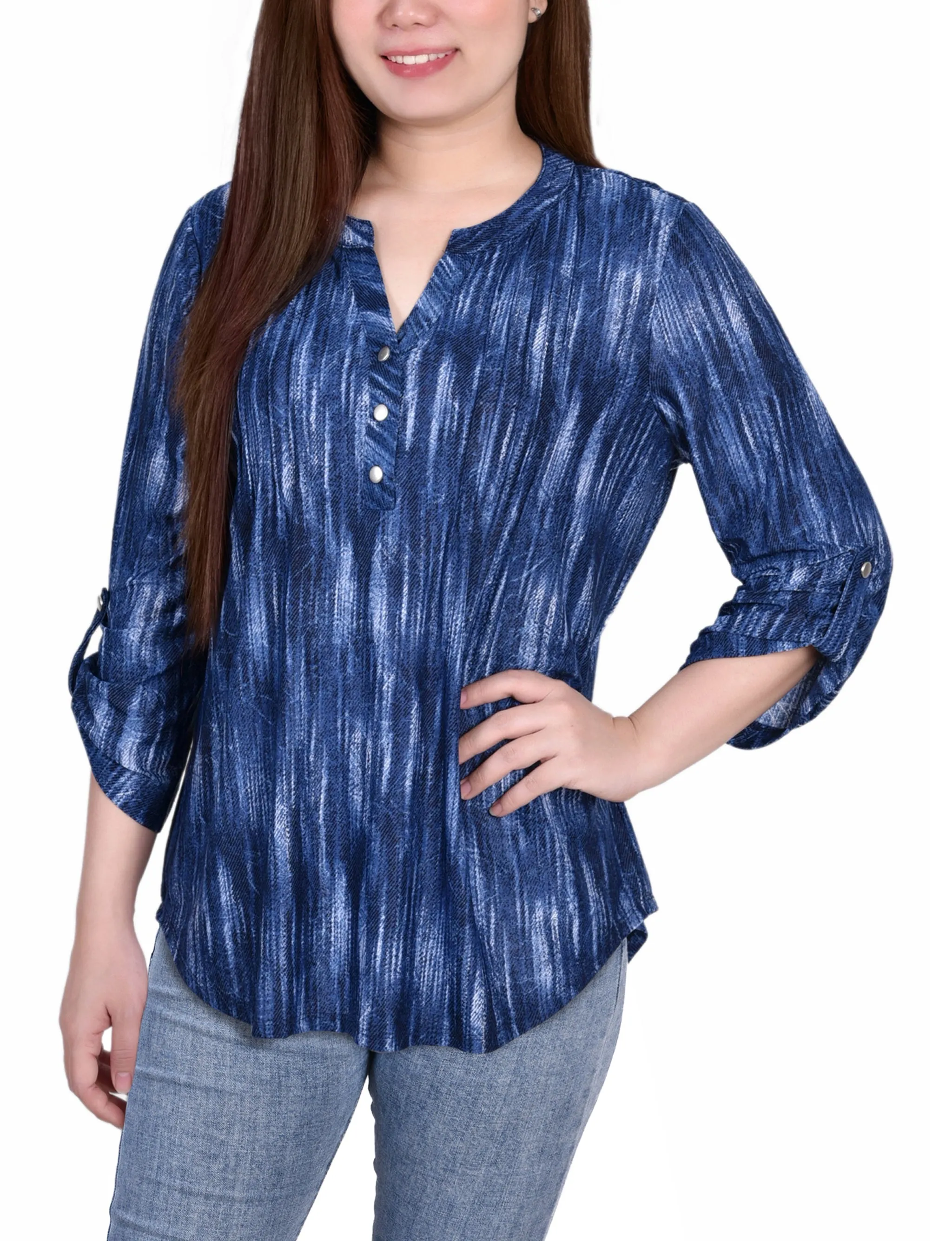 3/4 Sleeve Roll Tab Y Neck Pullover Top High Density Weave