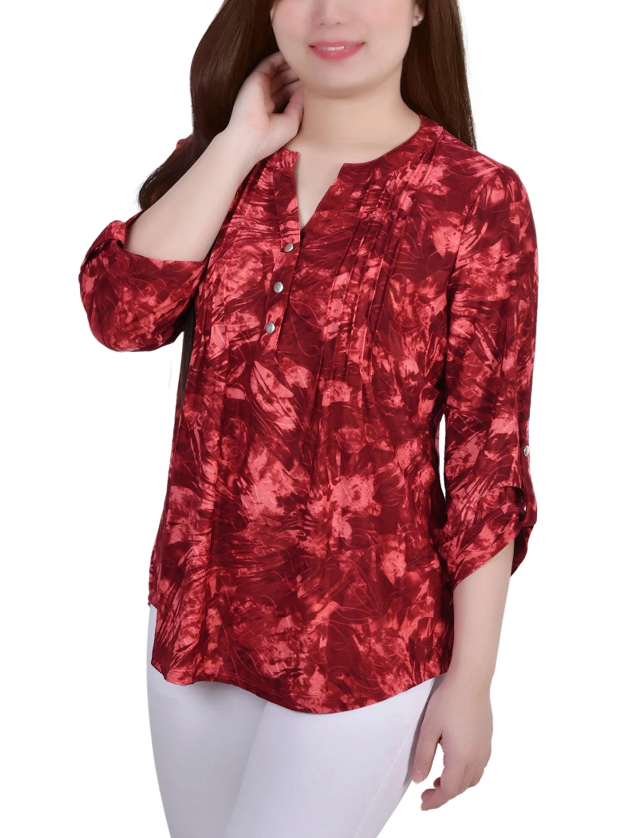 3/4 Sleeve Roll Tab Y Neck Pullover Top ReflectiveTrimDetails Double Layered Hem